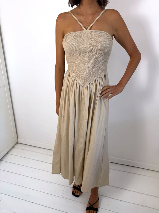 Celeste Cream Crinkle Bodice Halter Floaty Midi Dress