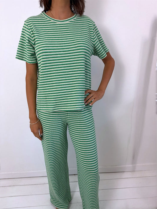 Lexi Green Stripe T-Shirt and Wide Leg Trouser Co-Ord
