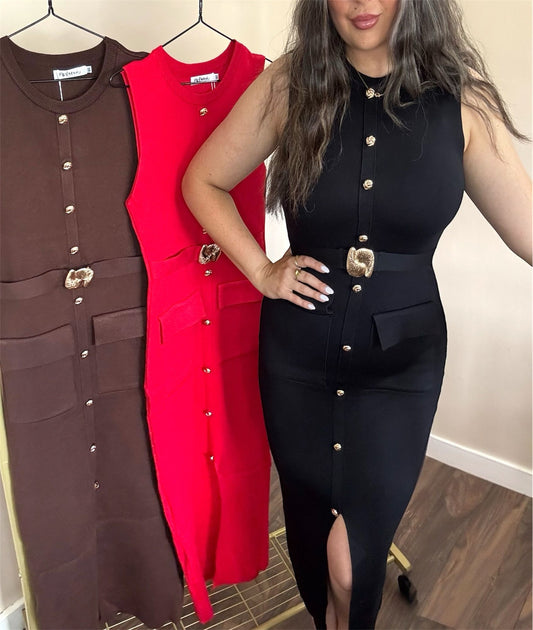 BELLA Rib Knit Gold Button Midi Dress with Belt Black