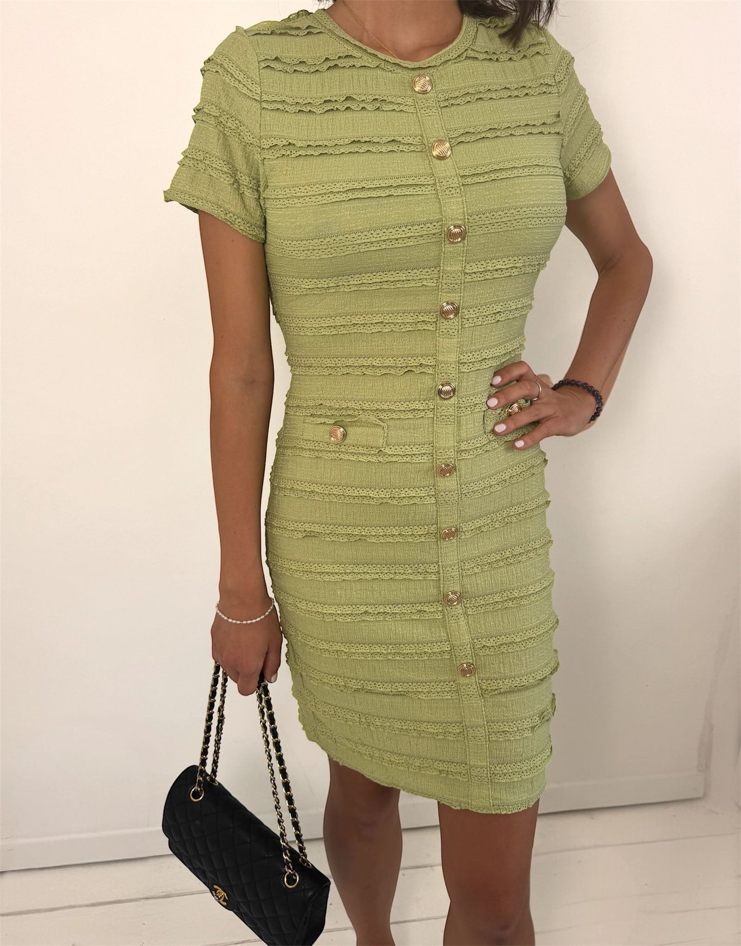 Diana Gold Button Green Above the Knee Ruffle Dress