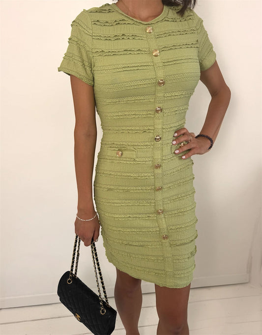 Diana Gold Button Green Above the Knee Ruffle Dress