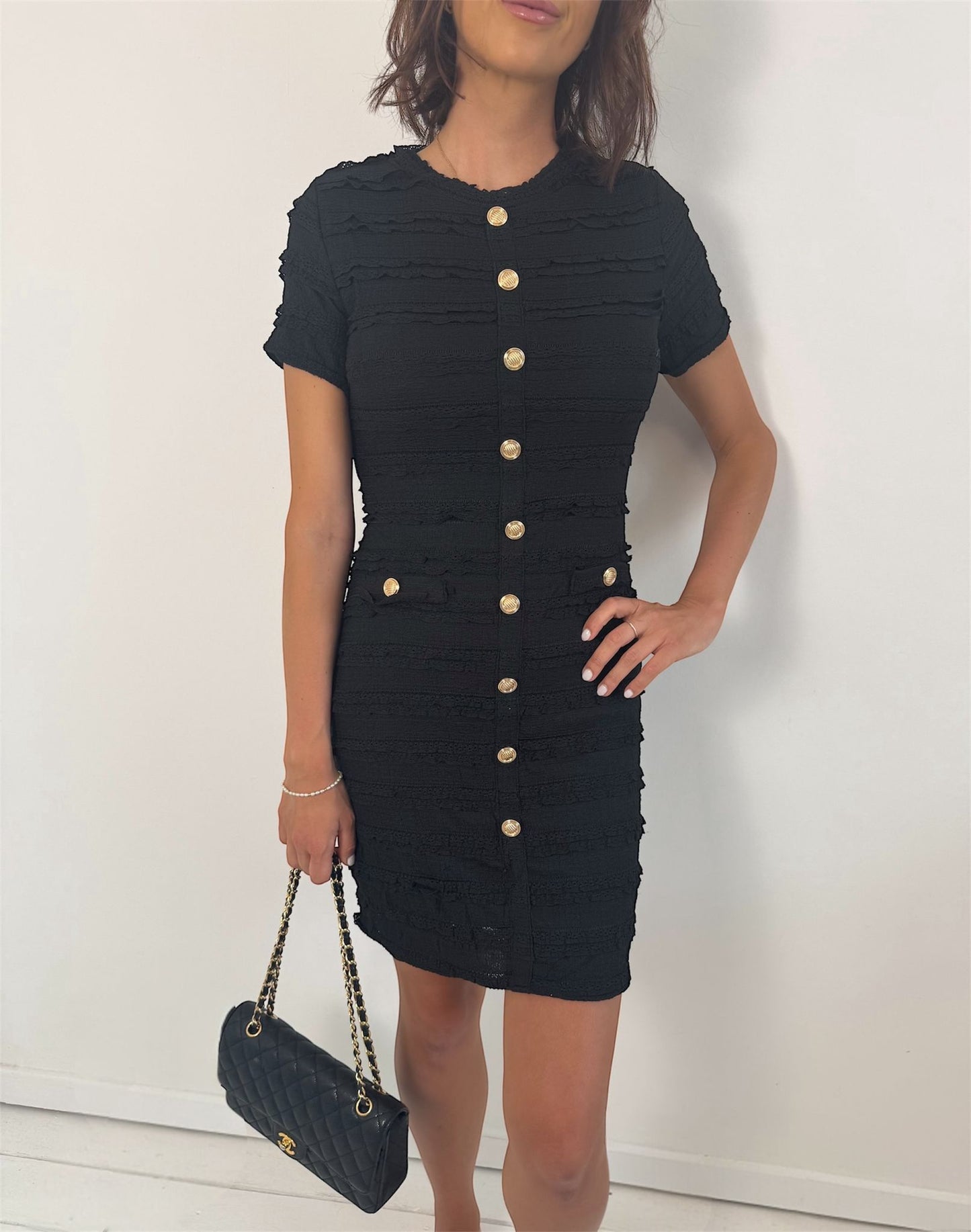 Diana Gold Button Black Above the Knee Ruffle Dress