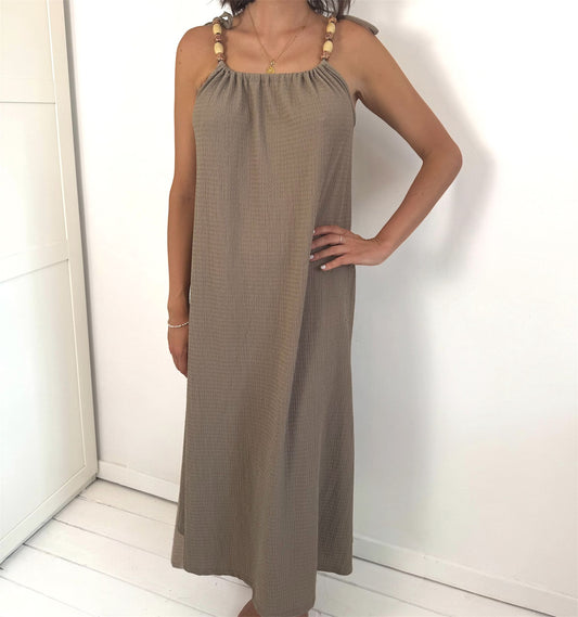 Lorna Beige Midi Beaded Tie Shoulder Dress