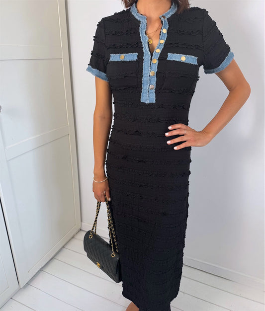 Sienna Black Ruffle Gold Button Midi Dress
