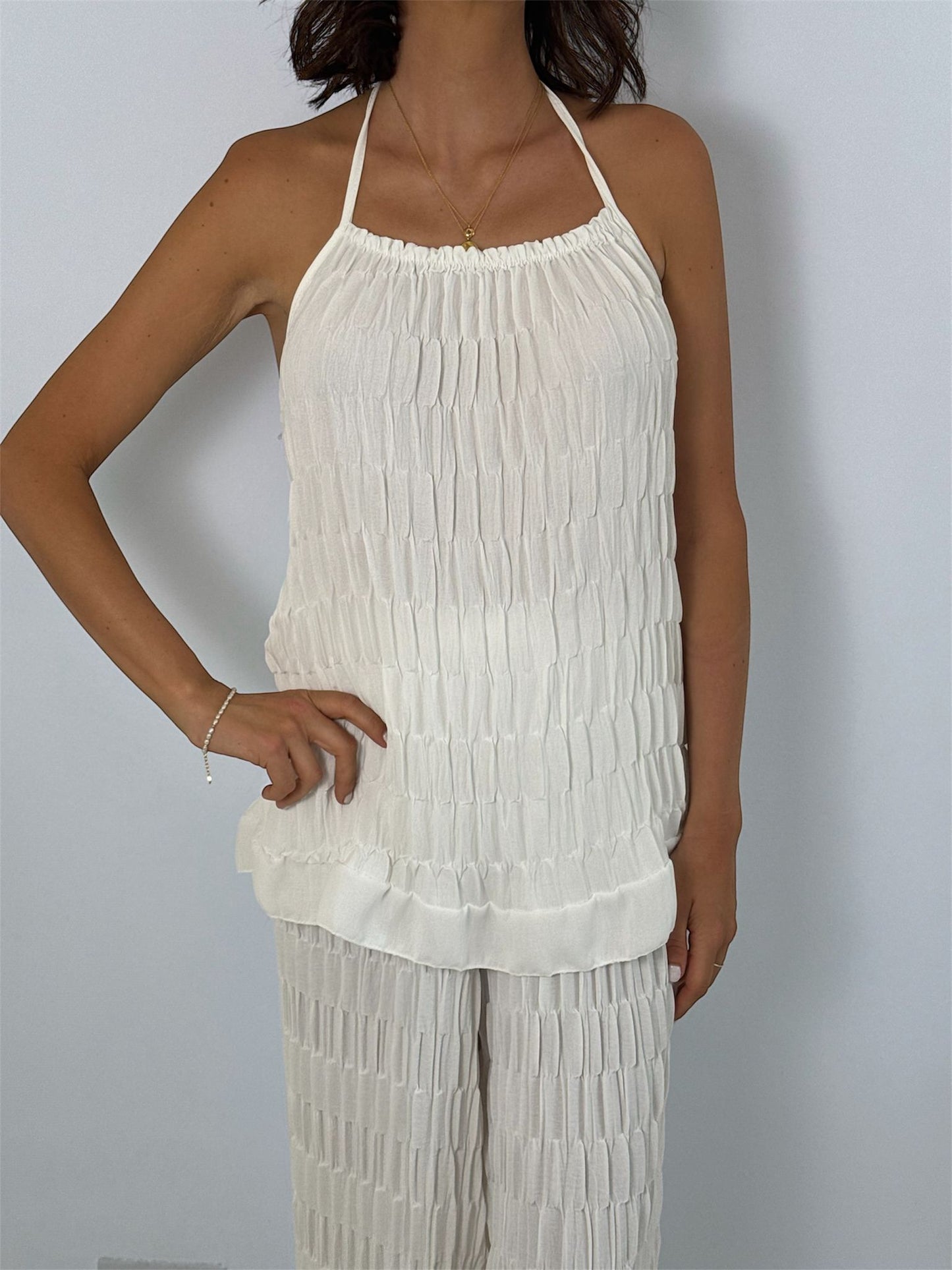 Nina White Ruffled Halter Tie Back Top & Wide Leg Trouser Co-Ord
