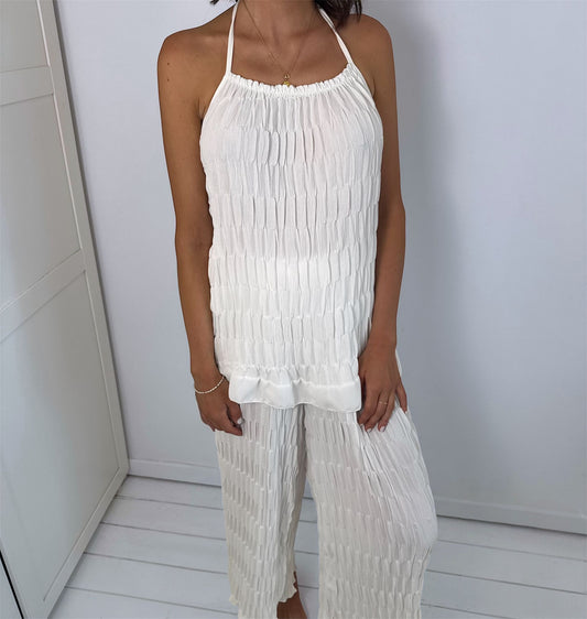 Nina White Ruffled Halter Tie Back Top & Wide Leg Trouser Co-Ord