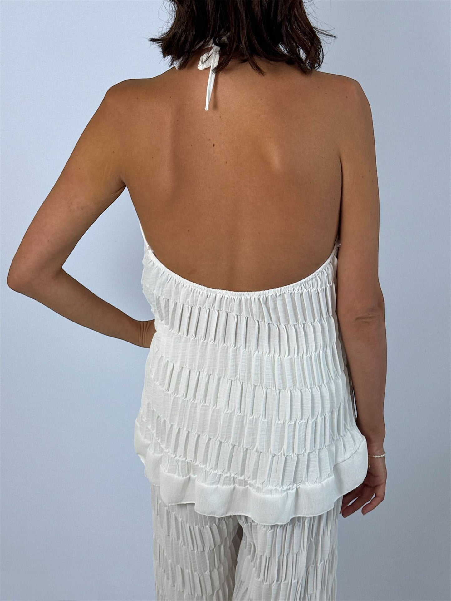 Nina White Ruffled Halter Tie Back Top & Wide Leg Trouser Co-Ord
