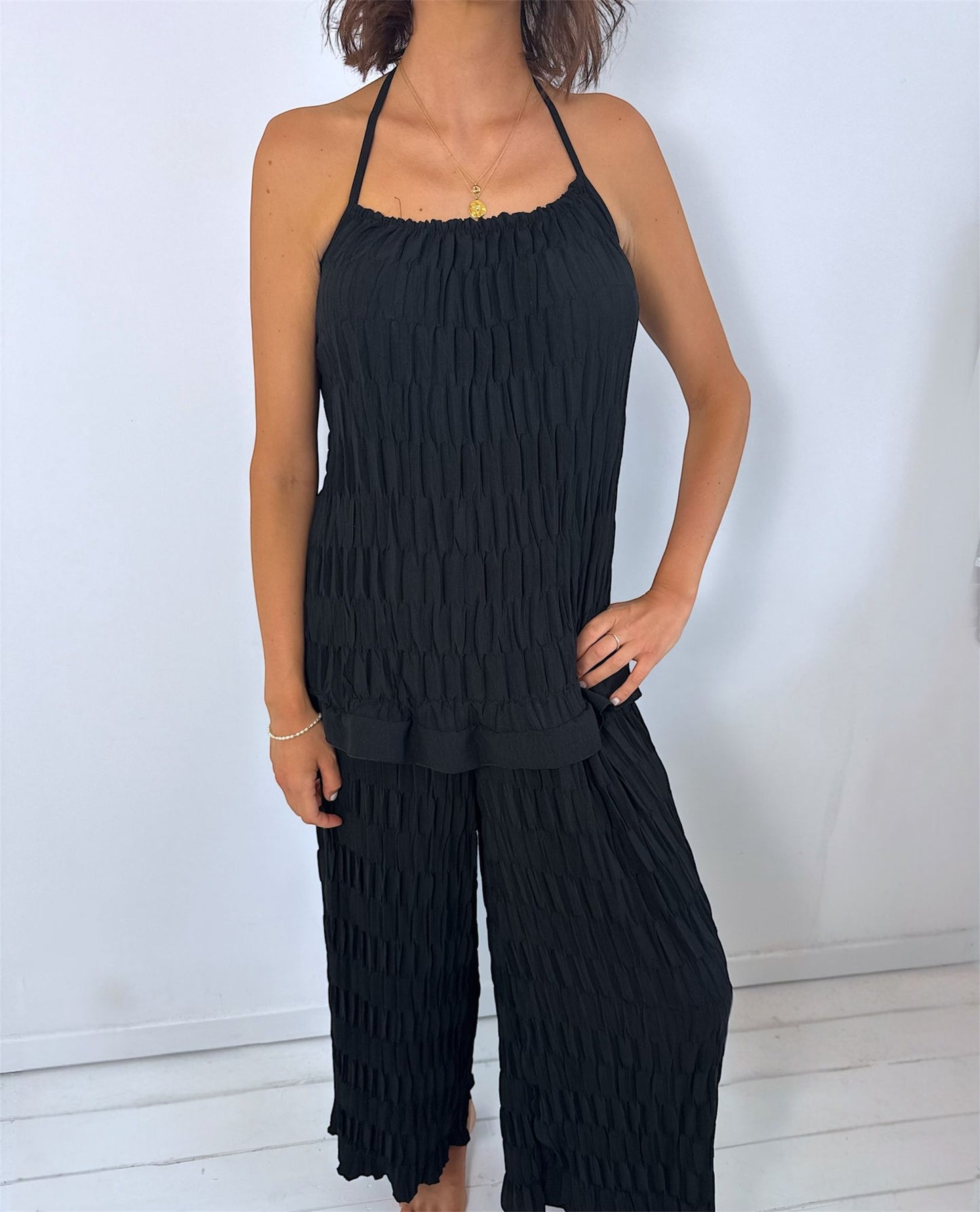 Nina Black Ruffled Halter Tie Back Top & Wide Leg Trouser Co-Ord
