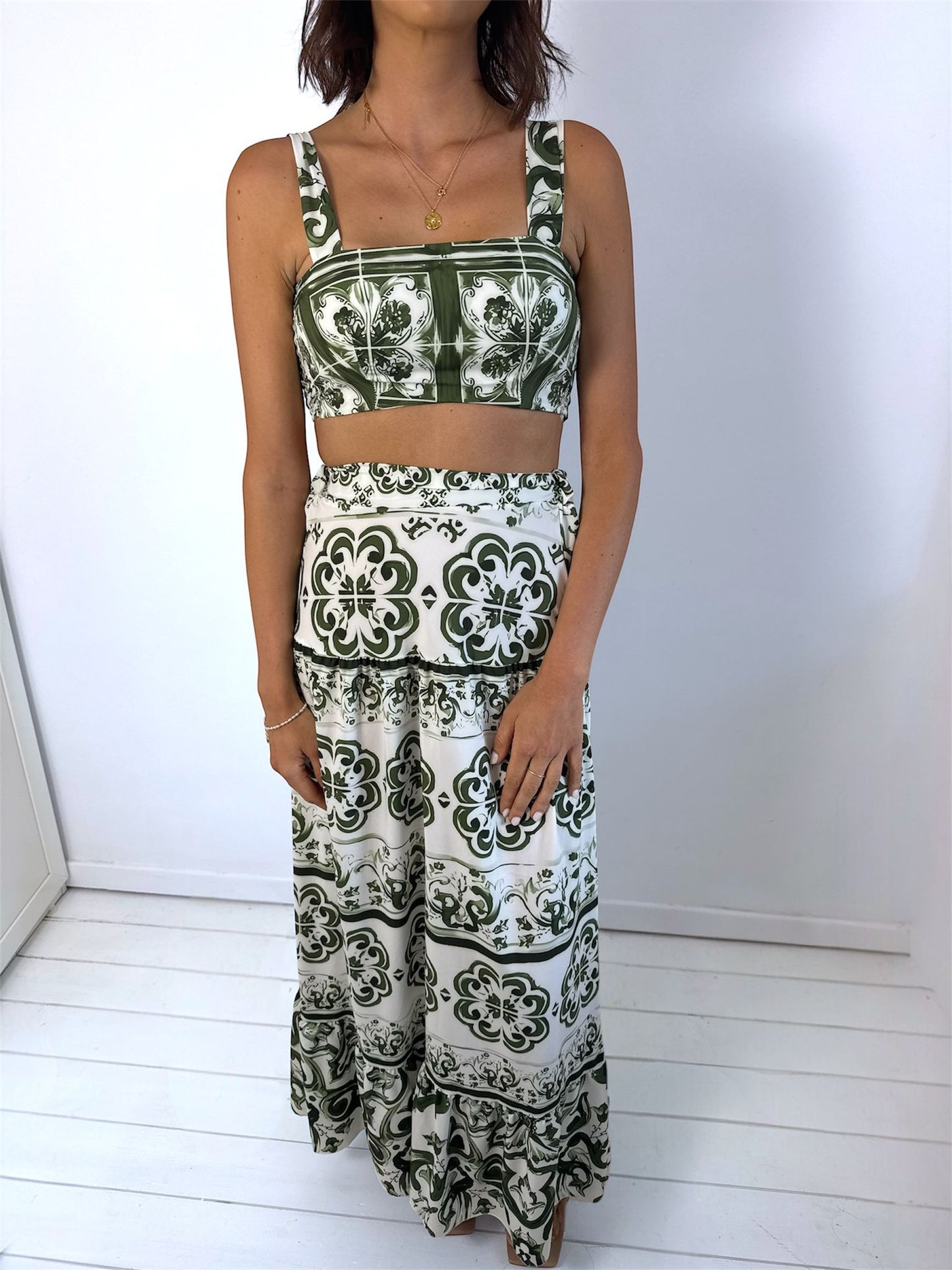 Sadie Khaki Floral Crop Top Maxi Skirt Co-Ords