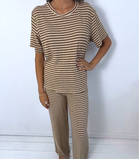Lexi Beige Stripe T-Shirt and Wide Leg Trouser Co-Ord
