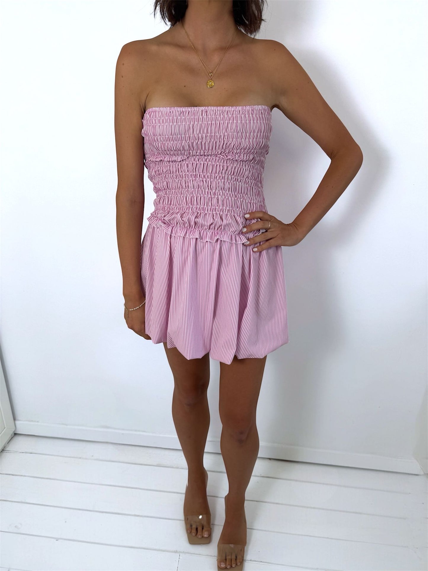 Lina Pink Stripe Strapless Balloon Style Skirt Mini Dress