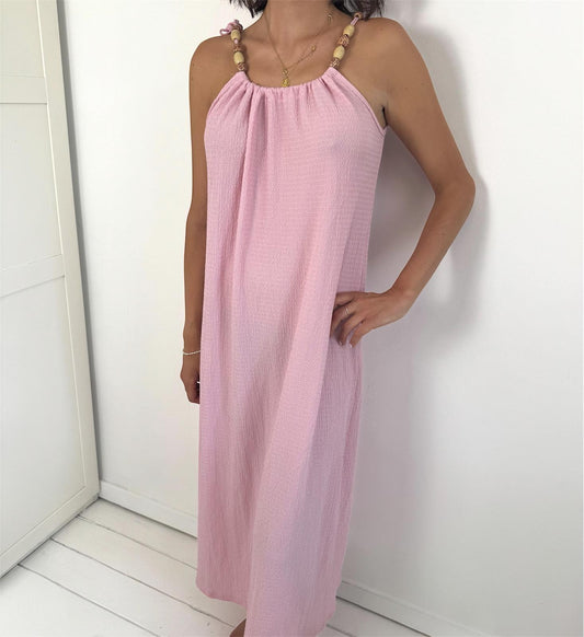 Lorna Pink Midi Beaded Tie Shoulder Dress