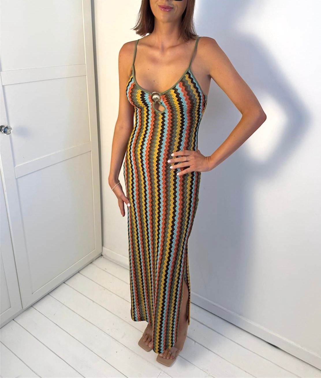 Ari Khaki Zig Zag Shell Midi Dress