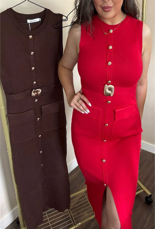 BELLA Rib Knit Gold Button Midi Dress with Belt Red