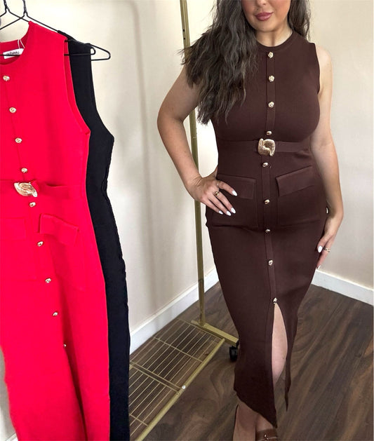 BELLA Rib Knit Gold Button Midi Dress with Belt Brown