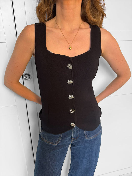 NORA Rib Knit Button Up Vest Chocolate Black