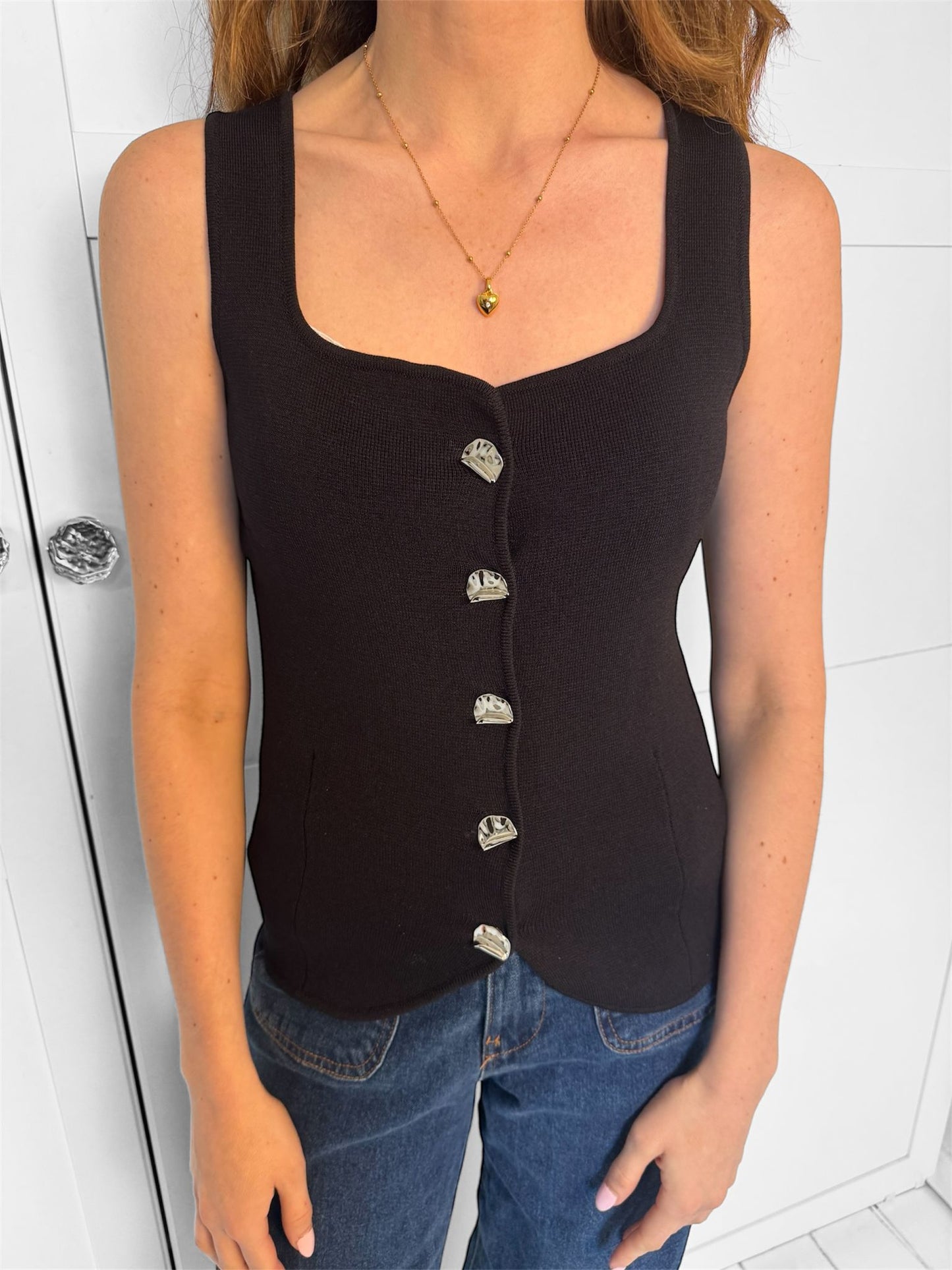 NORA Rib Knit Button Up Vest Chocolate Black