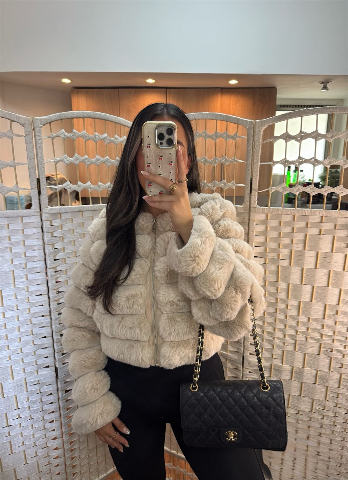 MILA Cream Faux Fur Zip Up Crop Jacket