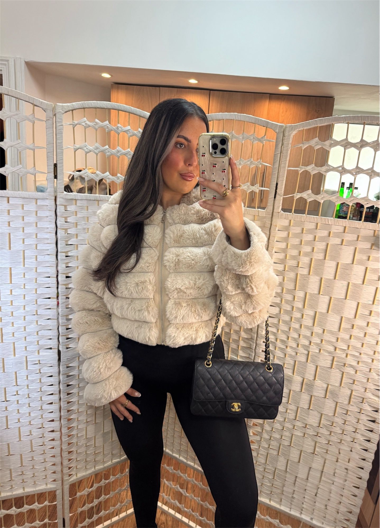 MILA Cream Faux Fur Zip Up Crop Jacket