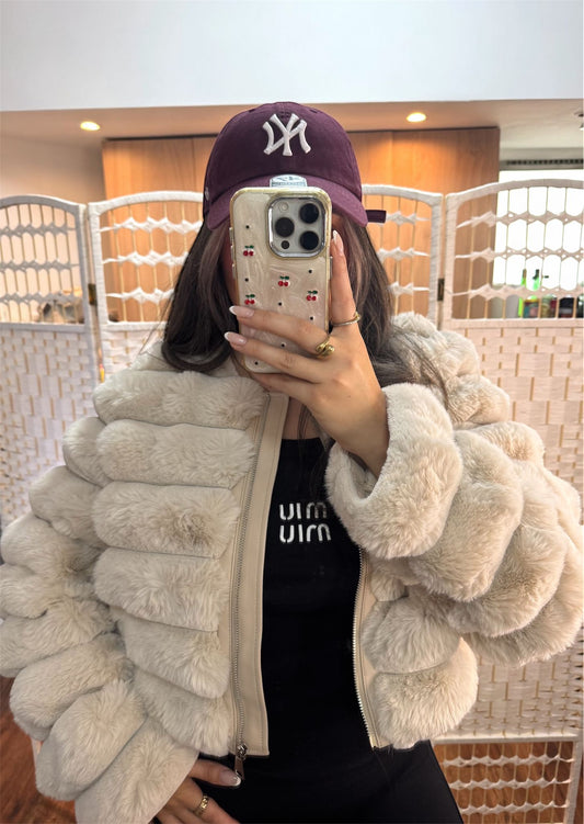 MILA Cream Faux Fur Zip Up Crop Jacket