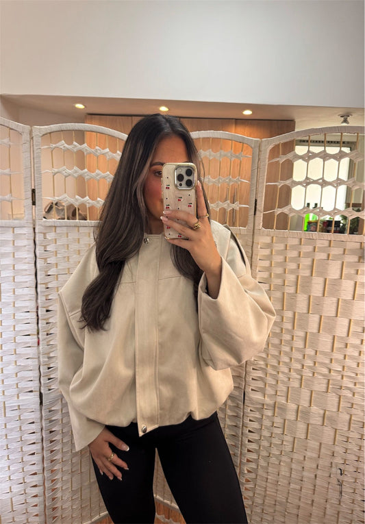 CiCi Khaki Faux Suede Boxy Crop Jacket Cream