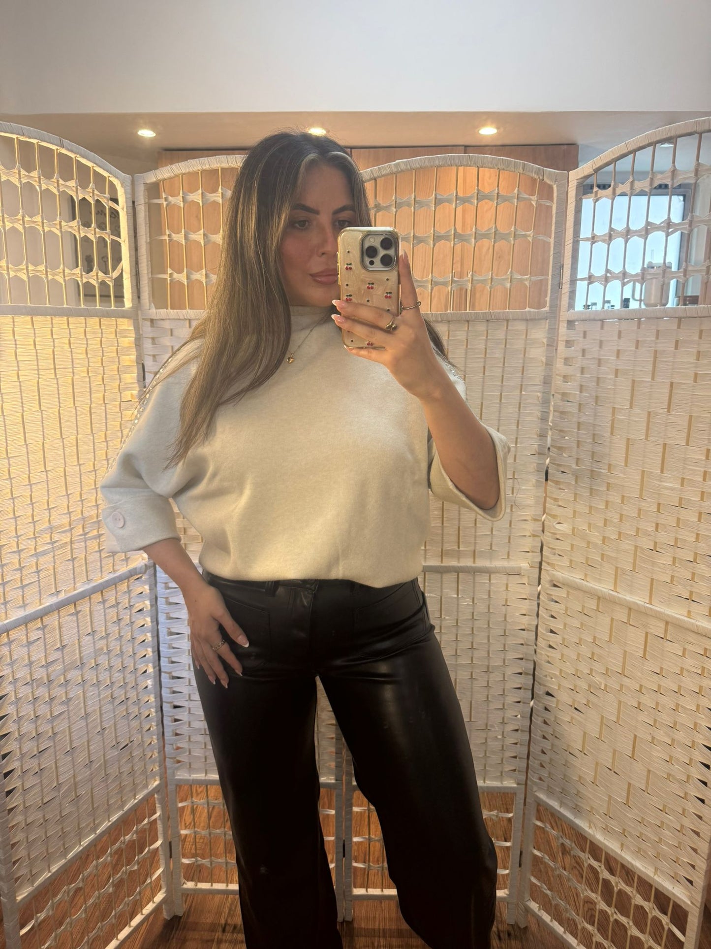 GRACEY Beige Rhinestone 3/4 Sleeve Soft Knit Jumper