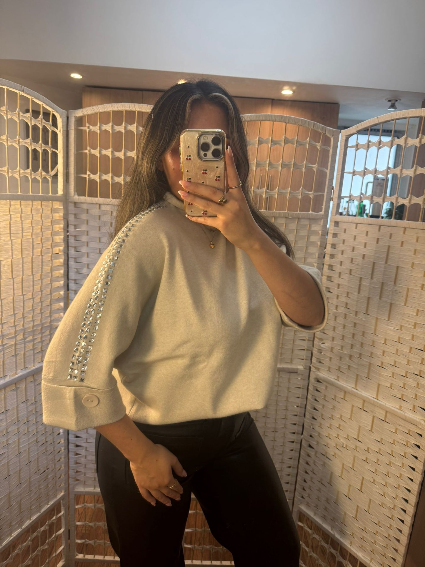 GRACEY Beige Rhinestone 3/4 Sleeve Soft Knit Jumper