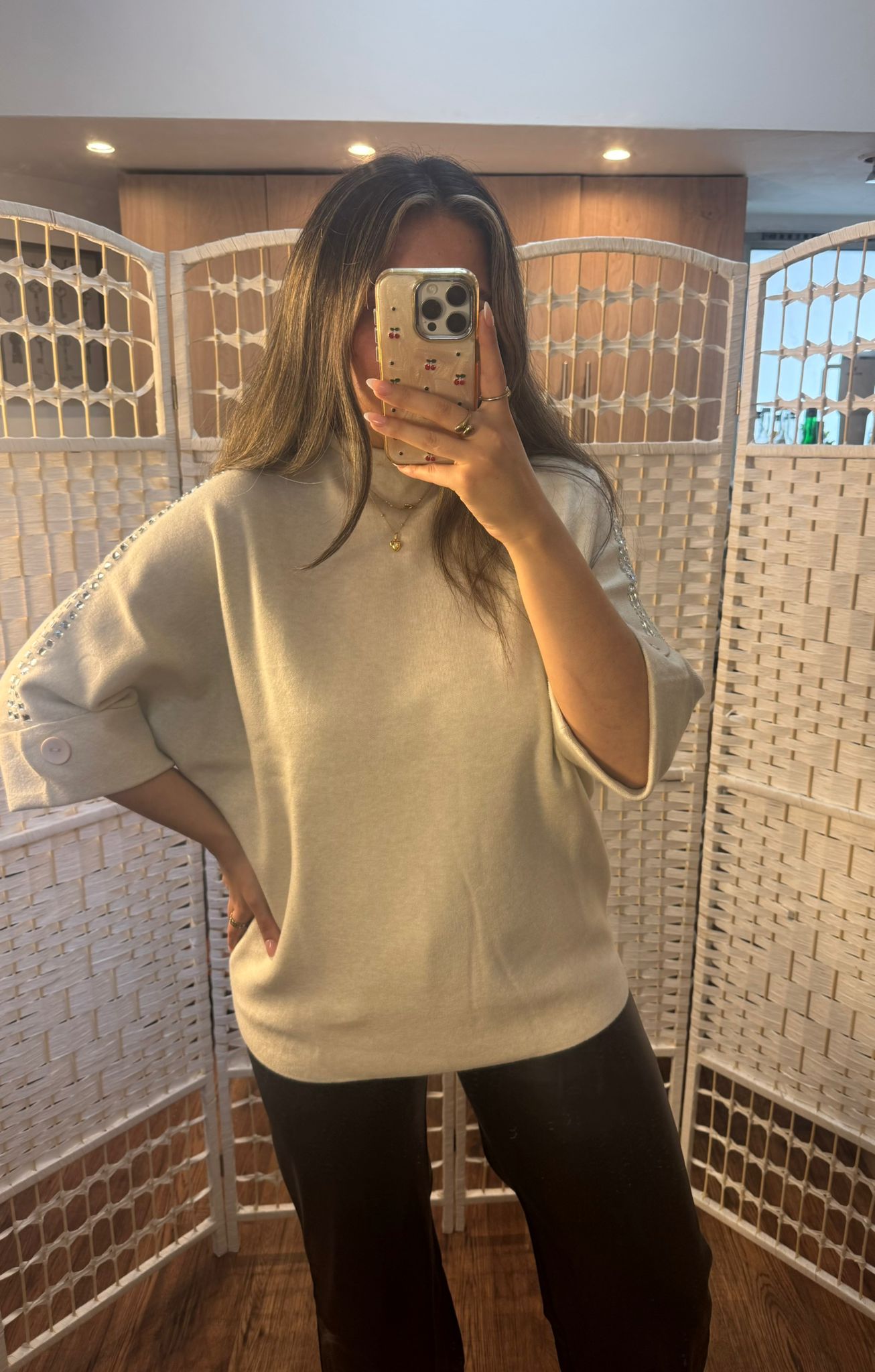 GRACEY Beige Rhinestone 3/4 Sleeve Soft Knit Jumper