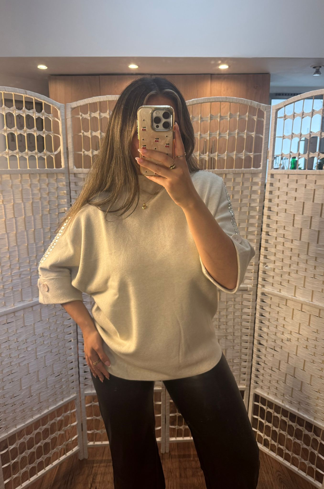 GRACEY Beige Rhinestone 3/4 Sleeve Soft Knit Jumper