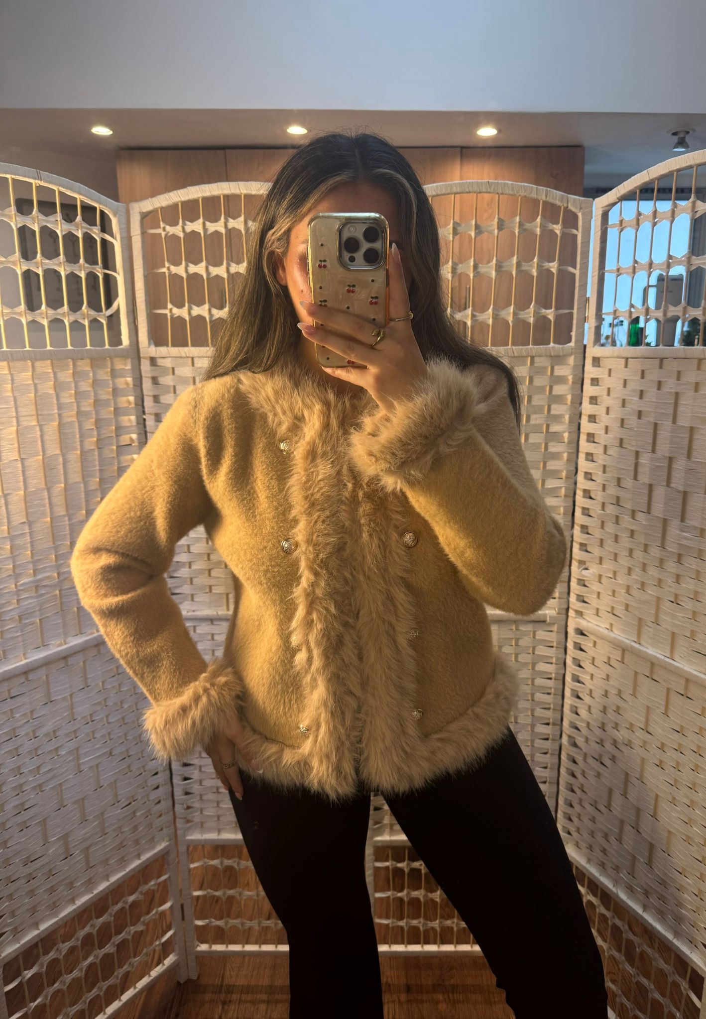 DEMI Faux Fur Front Panel Cardigan Tan