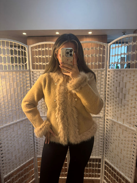 DEMI Faux Fur Front Panel Cardigan Tan