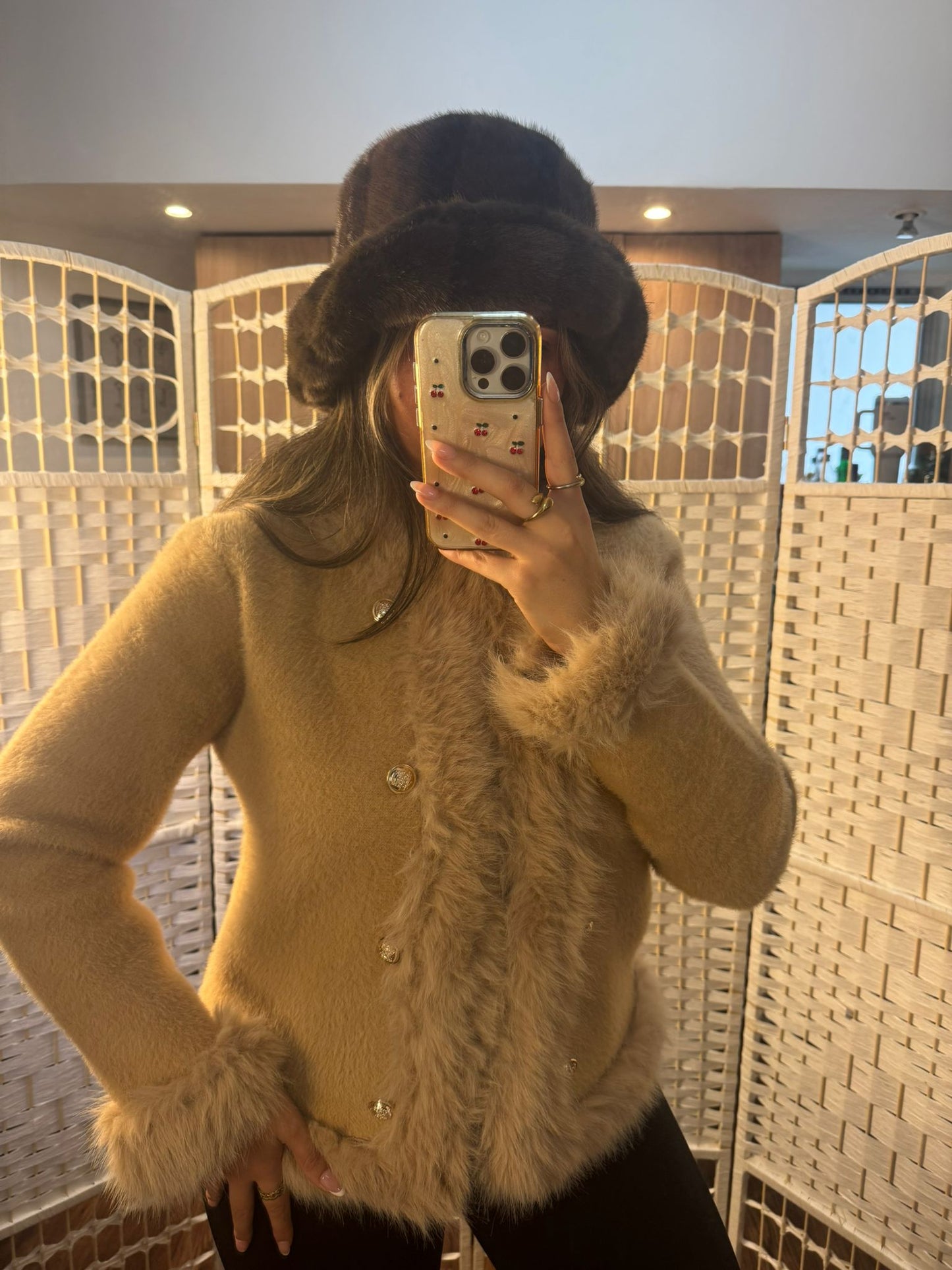 DEMI Faux Fur Front Panel Cardigan Tan