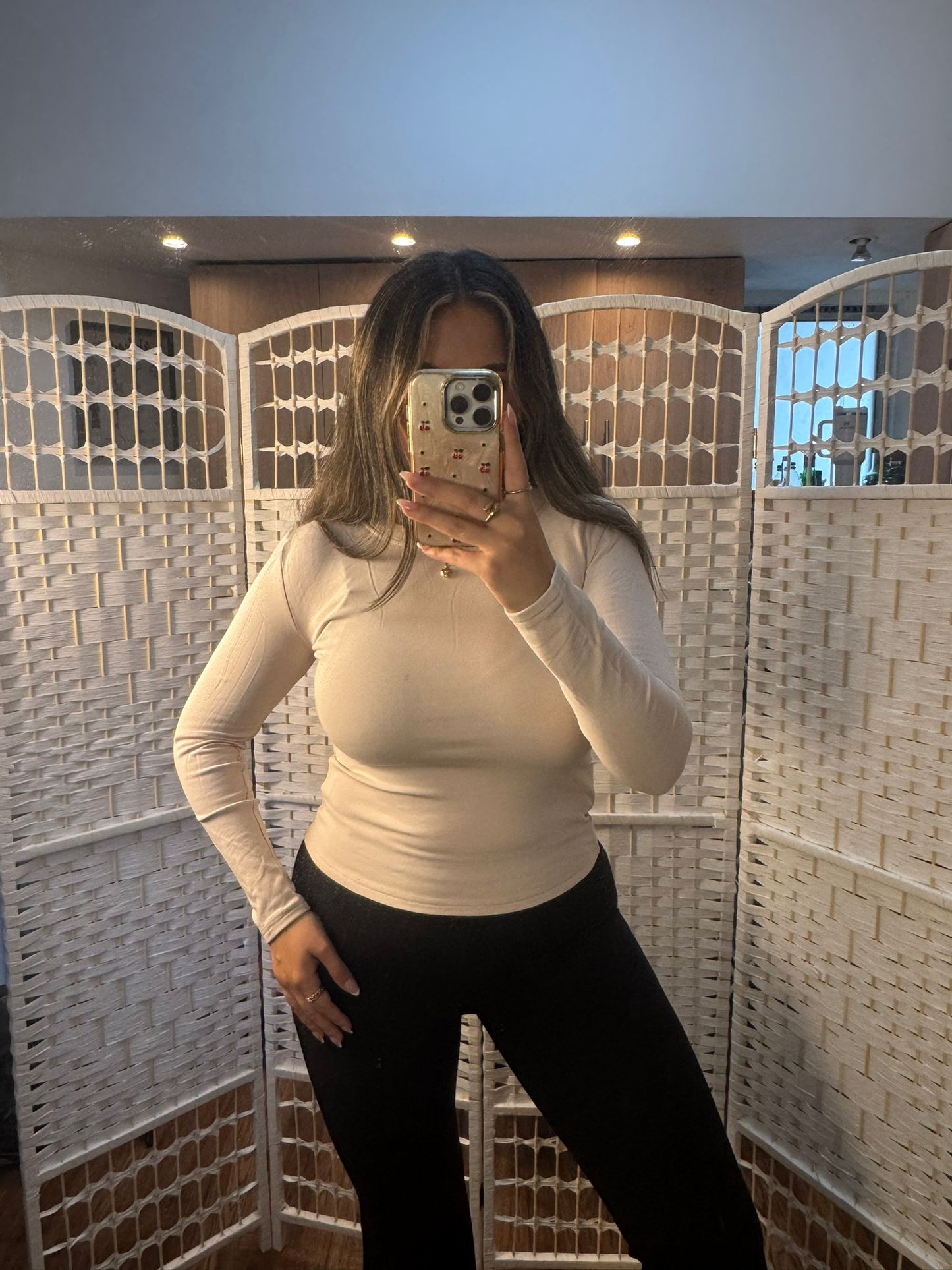 DAKOTA Fleece Lined Round Neck Stretch Long Sleeve Top Beige