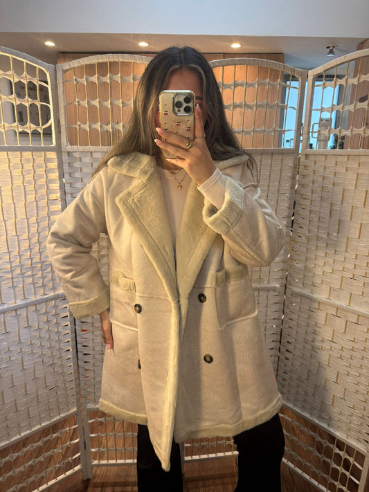 CORA Beige Long Shearling Jacket - Fur Lined