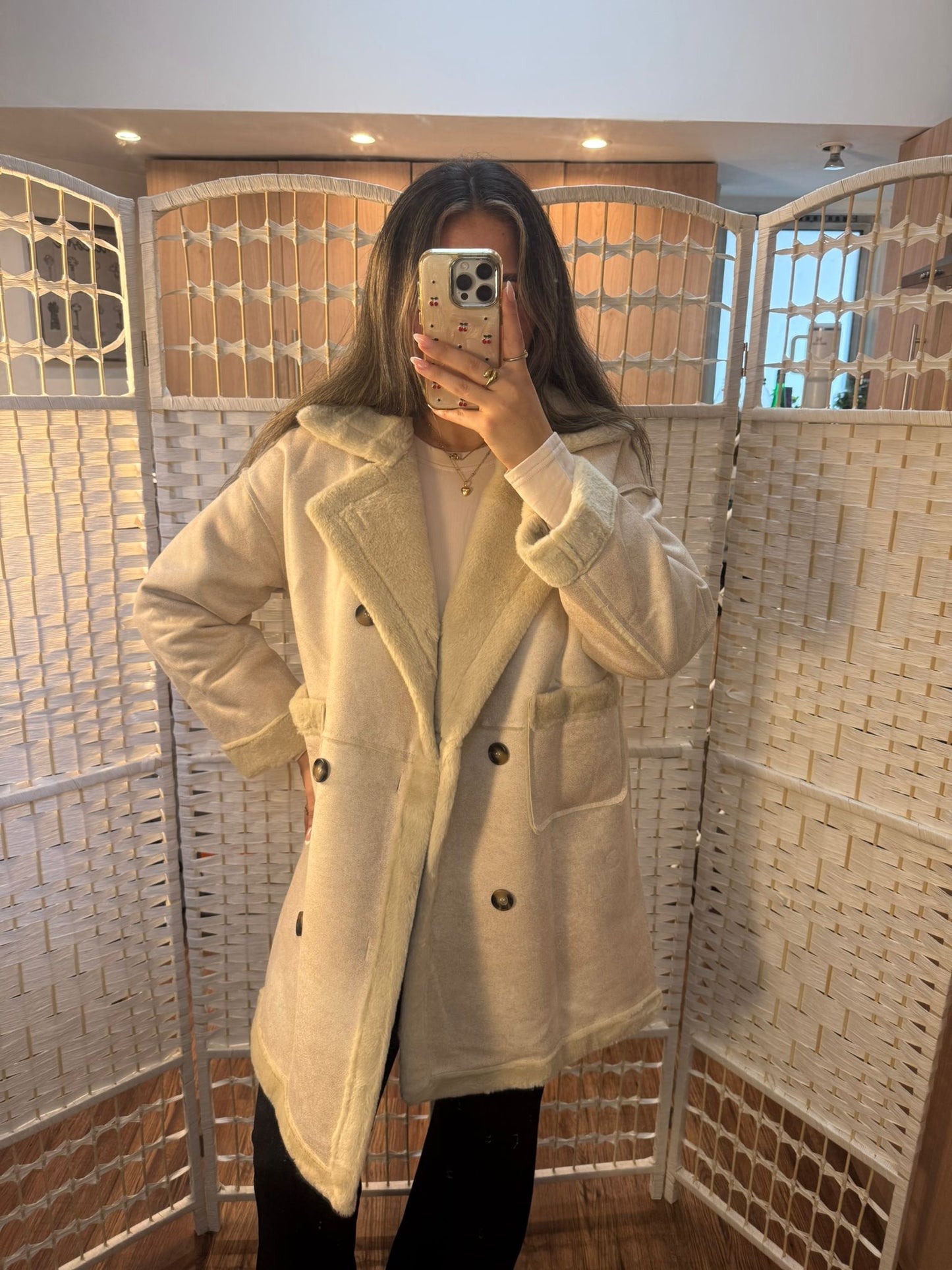 CORA Beige Long Shearling Jacket - Fur Lined