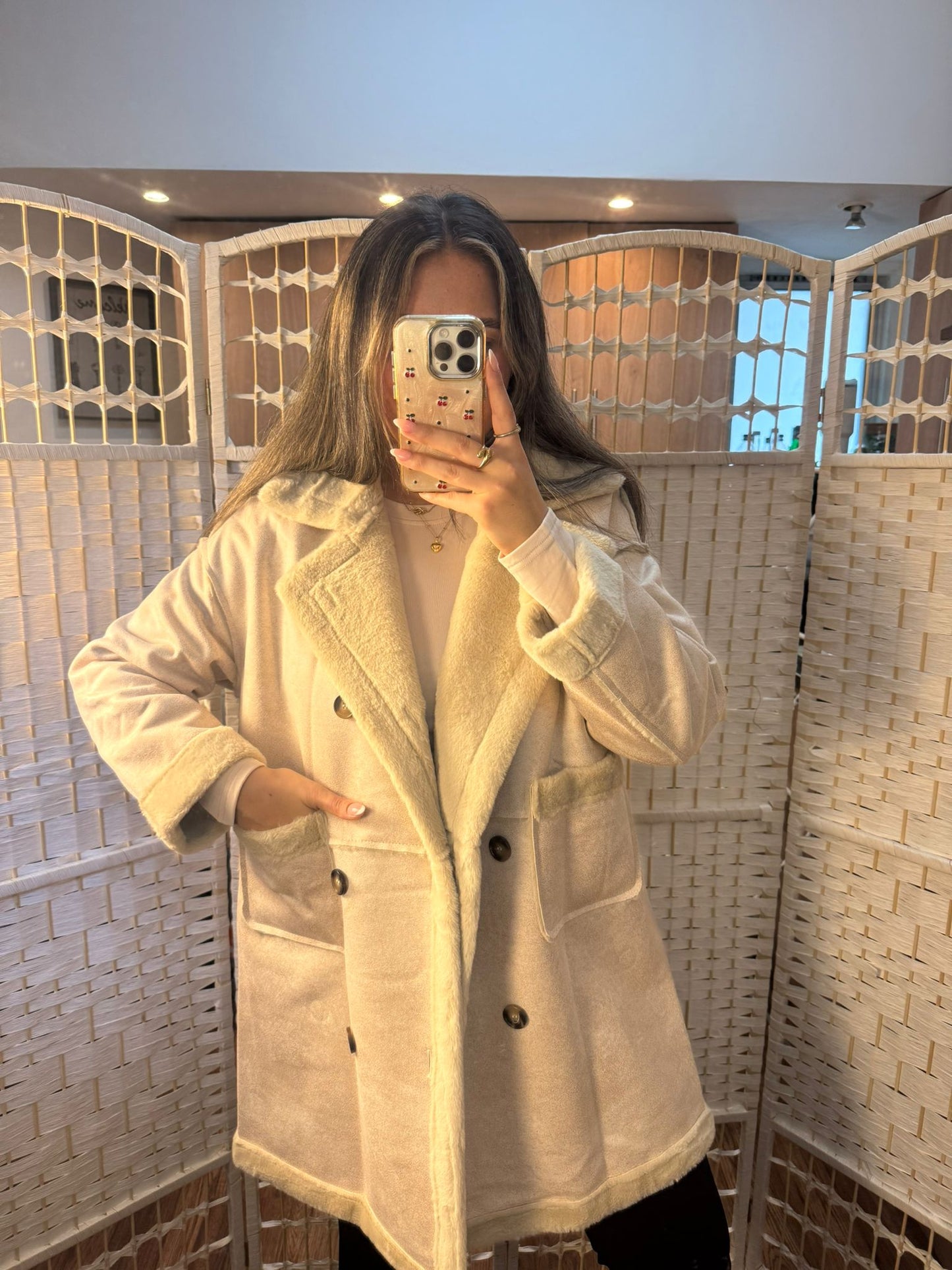 CORA Beige Long Shearling Jacket - Fur Lined
