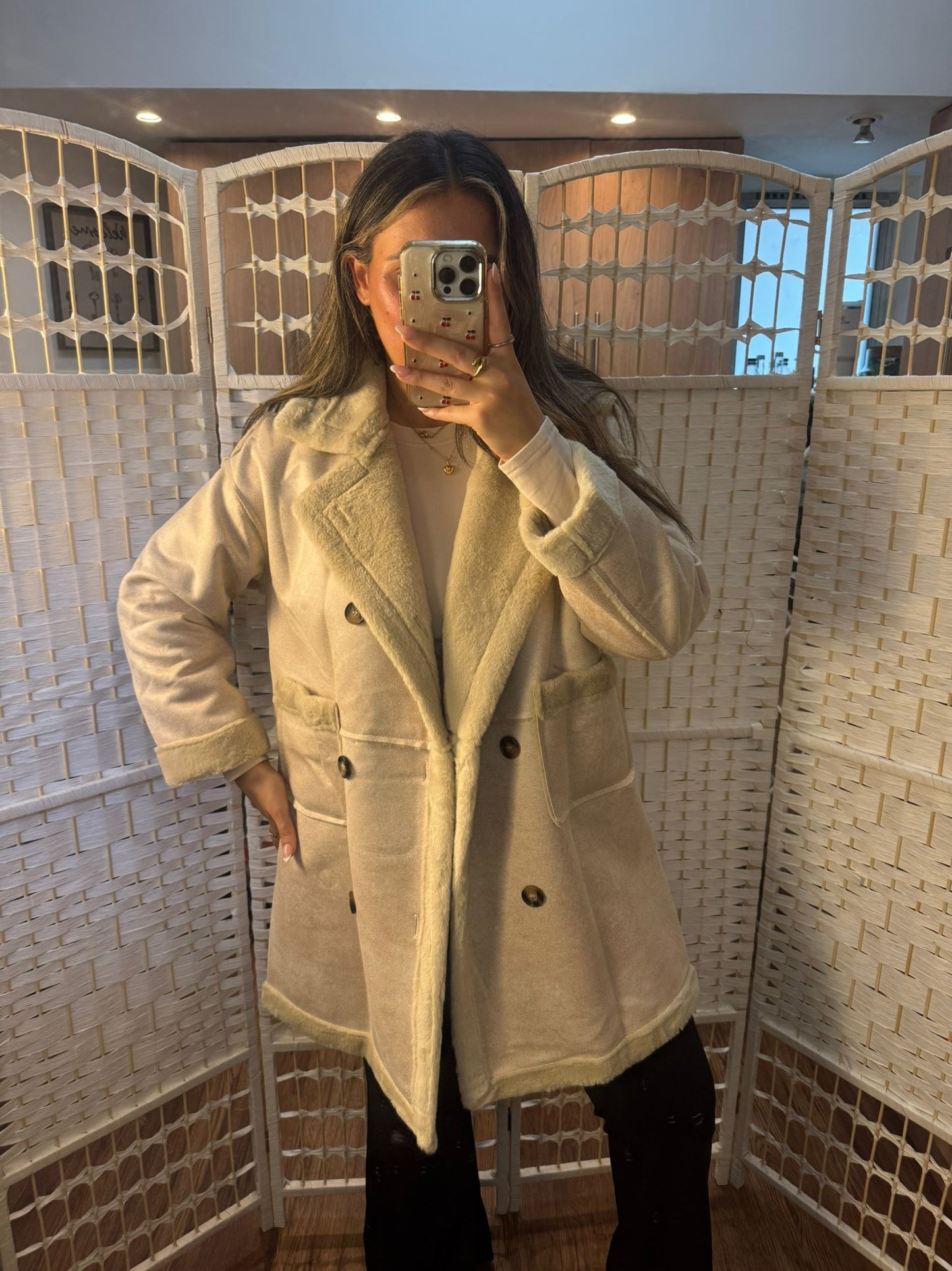 CORA Beige Long Shearling Jacket - Fur Lined