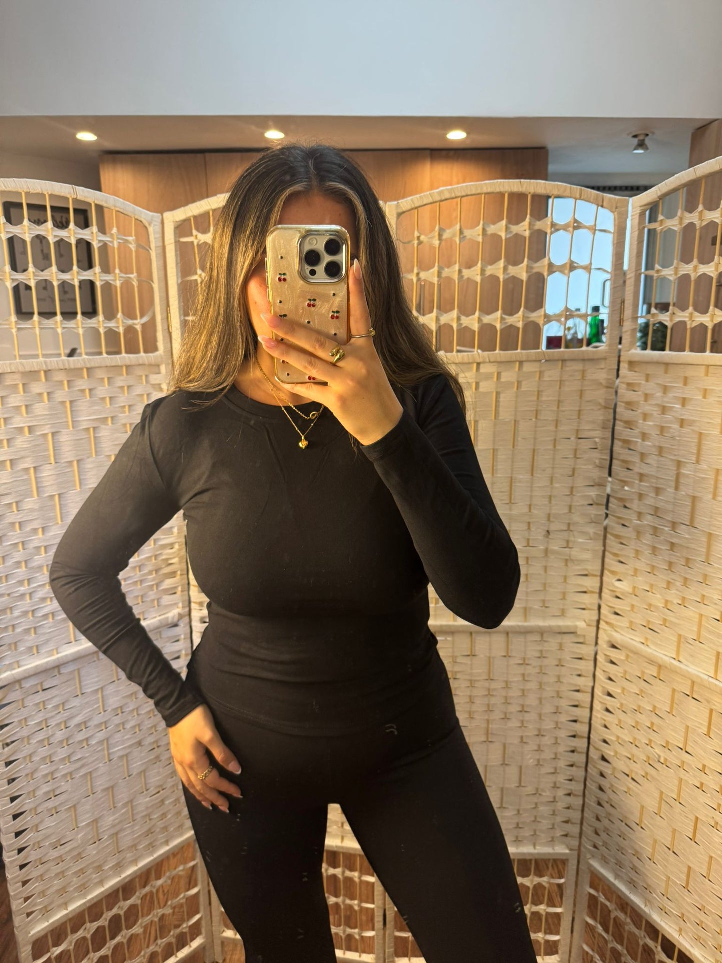 DAKOTA Fleece Lined Round Neck Stretch Long Sleeve Top Black