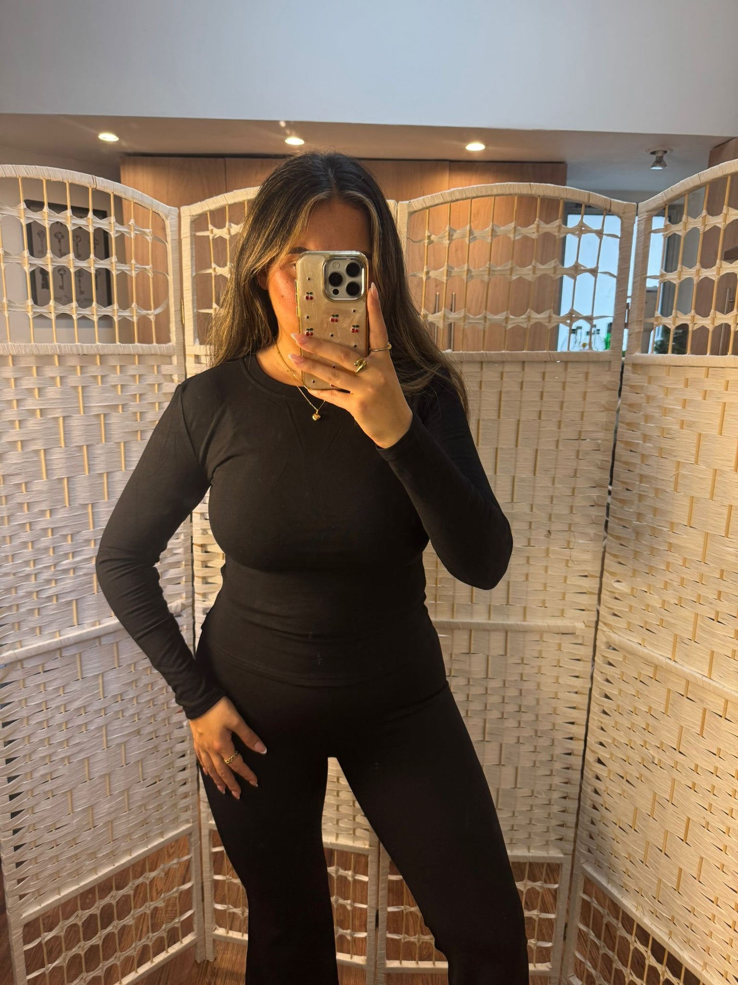 DAKOTA Fleece Lined Round Neck Stretch Long Sleeve Top Black