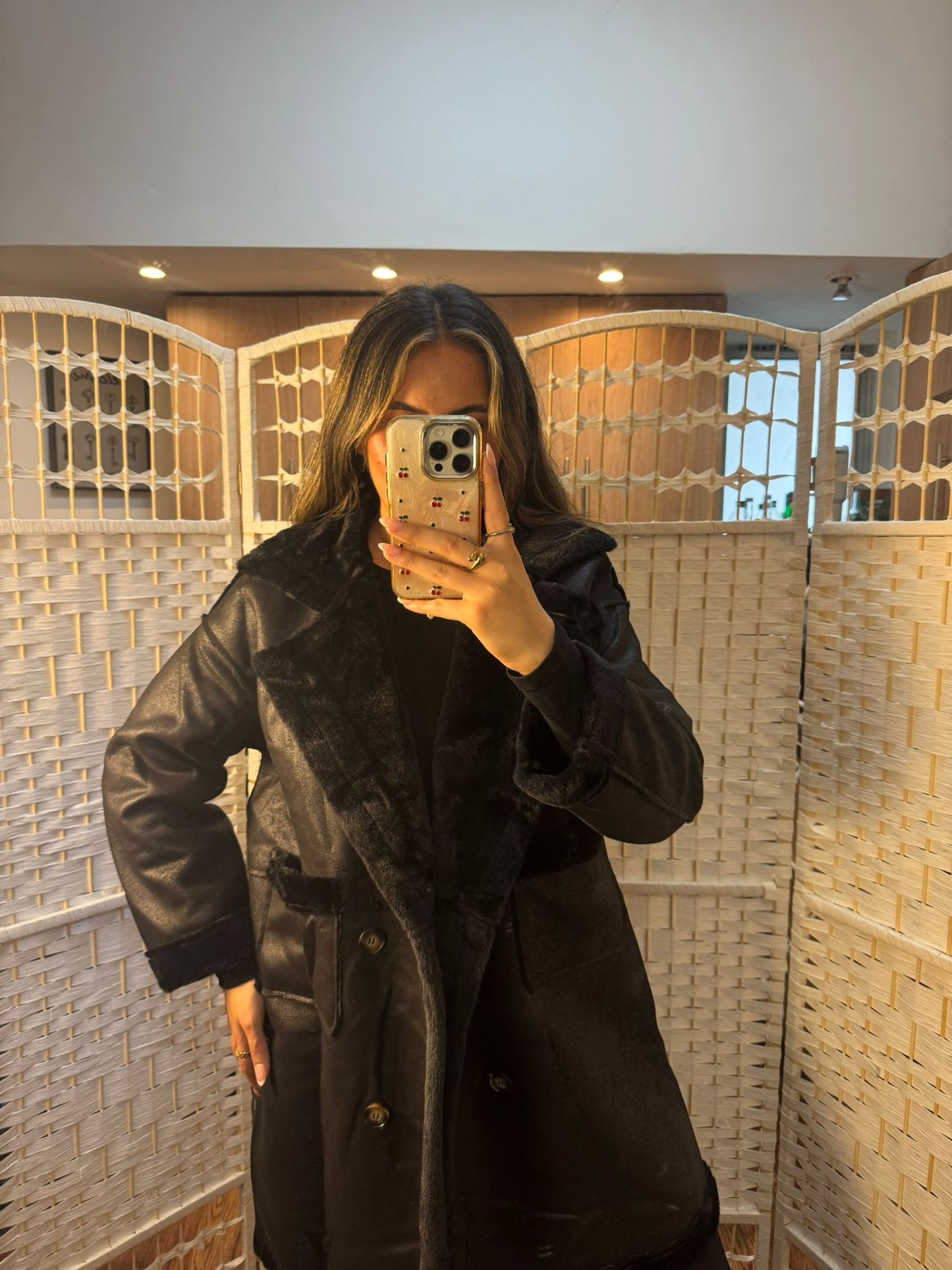 CORA Black Long Shearling Jacket - Fur Lined