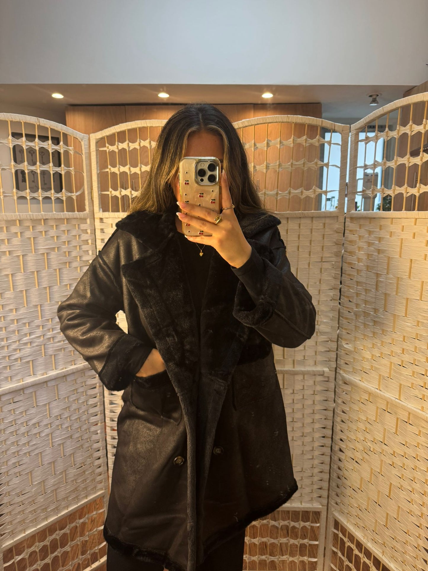 CORA Black Long Shearling Jacket - Fur Lined