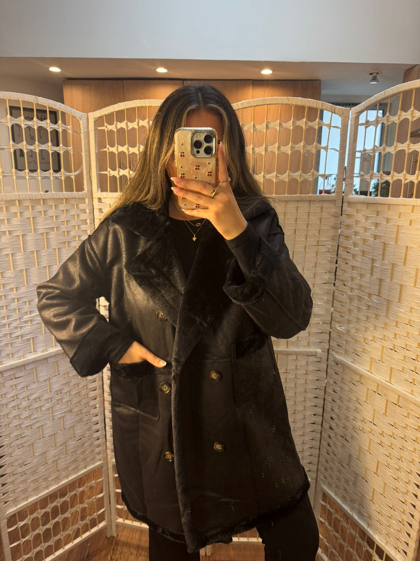 CORA Black Long Shearling Jacket - Fur Lined