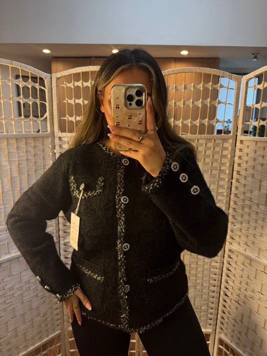EMMA Inspired Tinsel Button Front Cardigan Black