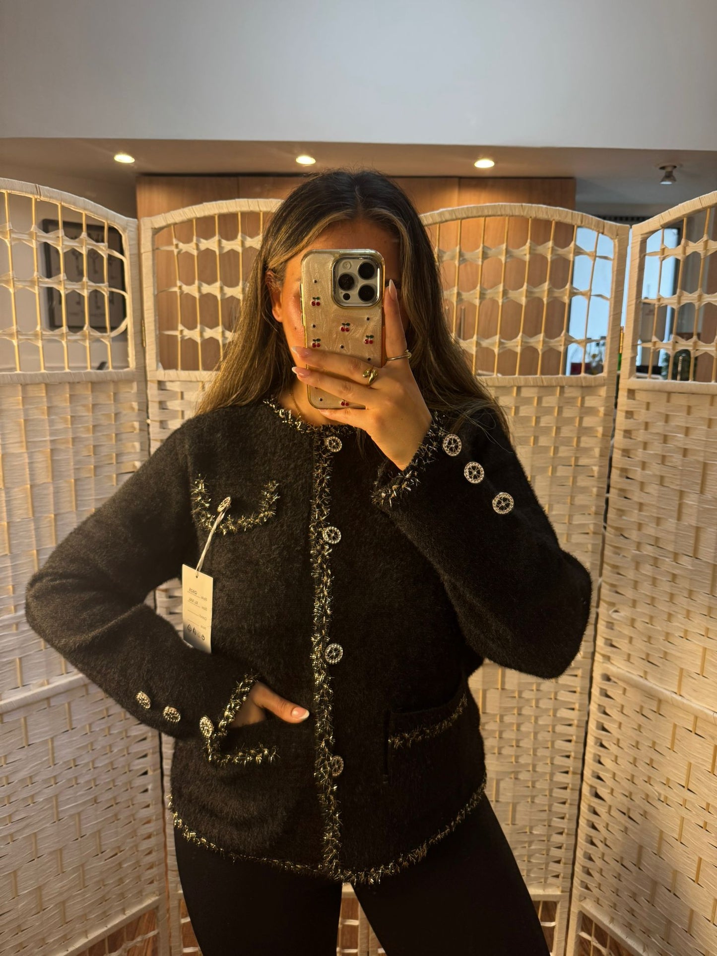 EMMA Inspired Tinsel Button Front Cardigan Black