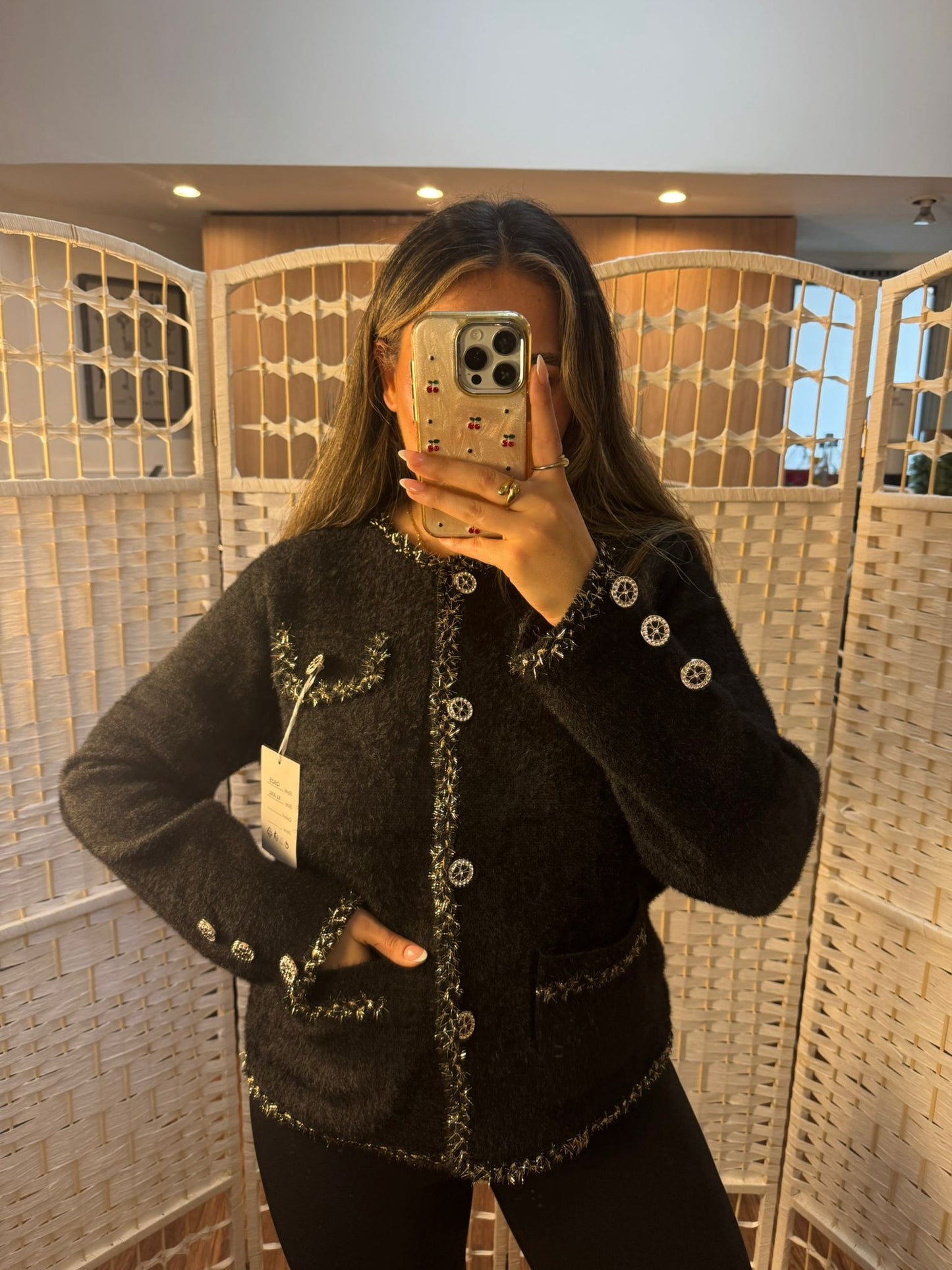 EMMA Inspired Tinsel Button Front Cardigan Black