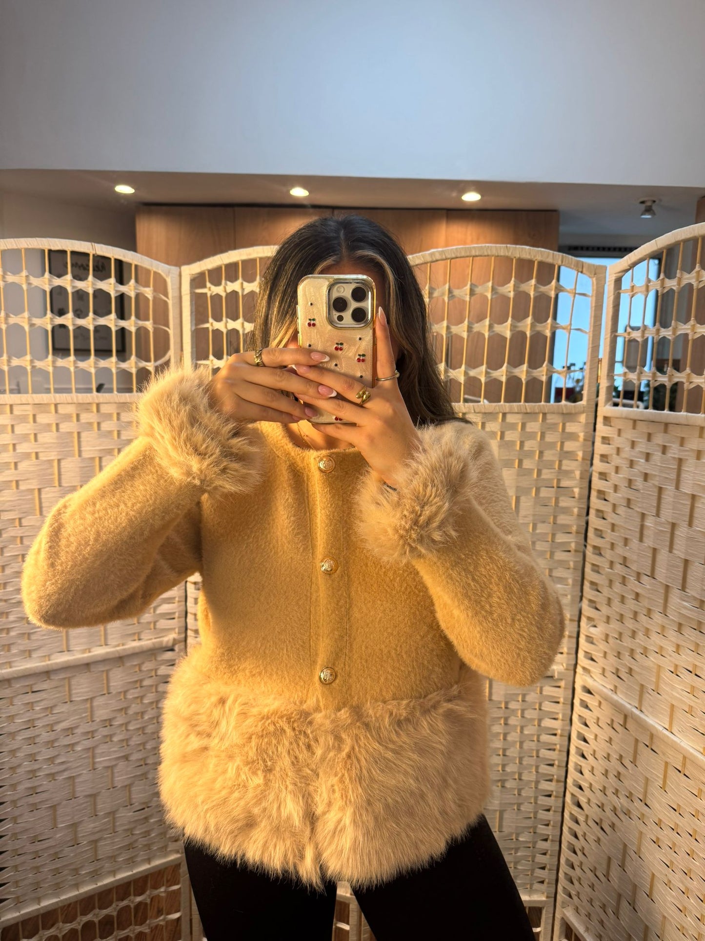 DEMI Faux Fur Lined Bottom Cardigan Tan