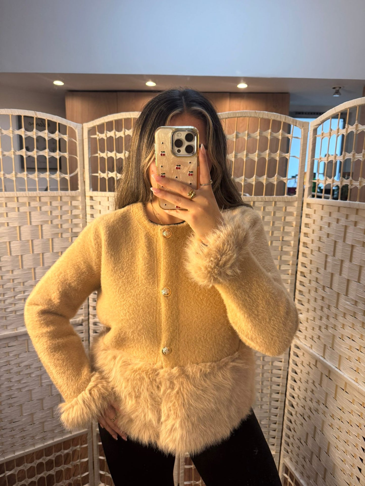 DEMI Faux Fur Lined Bottom Cardigan Tan