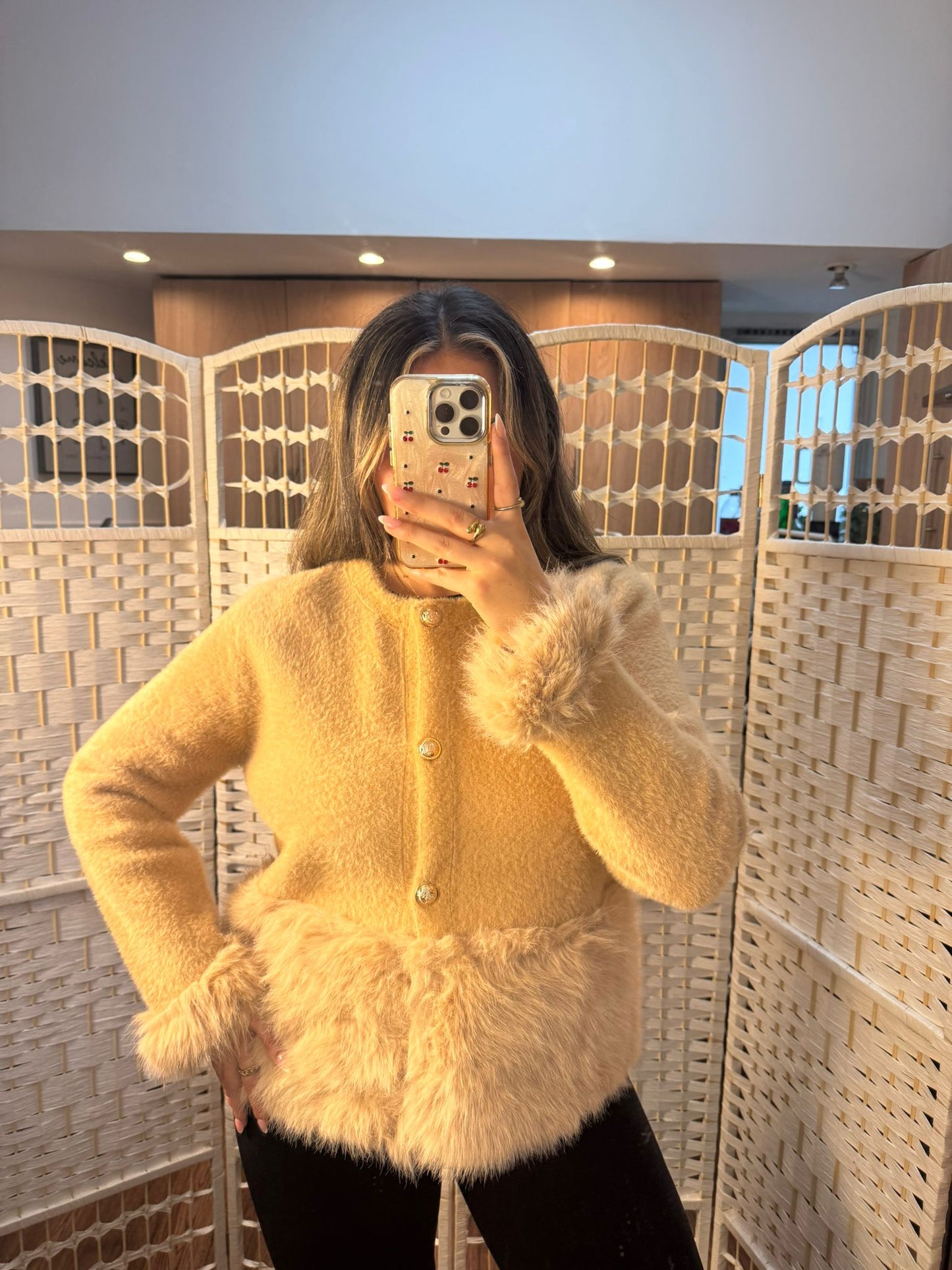 DEMI Faux Fur Lined Bottom Cardigan Tan